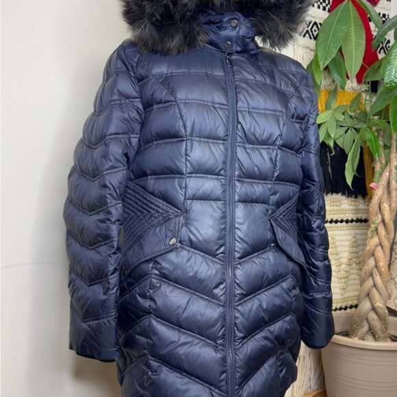 Cleo Navy Blue Long Feather Down Puffer Coat with Faux Fur Hood - Picture 2 of 15